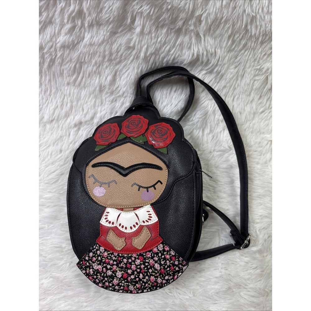 Frida Kahlo Mini Backpack Sleepyville Critters Faux Leather Black Art Bag